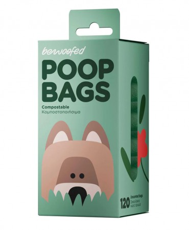 Poop Bags BEWOOFED - Κομποστοποιήσιμες σακούλες απορριμμάτων σκύλων από άμυλο - 21x30cm - PACK 120 ΤΕΜ. (8x15 ρολλά)