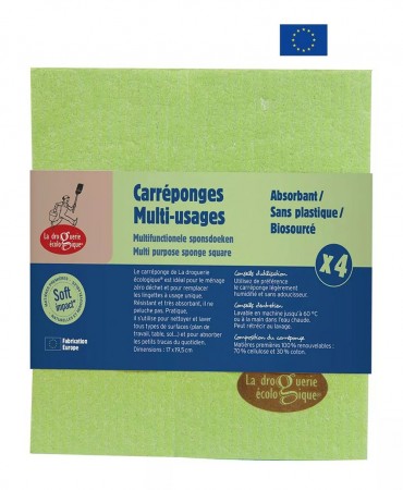 PACK 4 Κομποστοποιήσιμες Σπογγοπετσέτες από Κυτταρίνη ξύλου & Βαμβάκι, La Droguerie Ecologique (0% πλαστικό) - Πράσινο+Μωβ