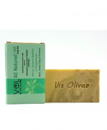 VOL Μέντα & Πράσινη άργιλος - Φυσικό Απολεπιστικό Σαπούνι με πούδρα ελαφρόπετρας, Vis Olivae 90g